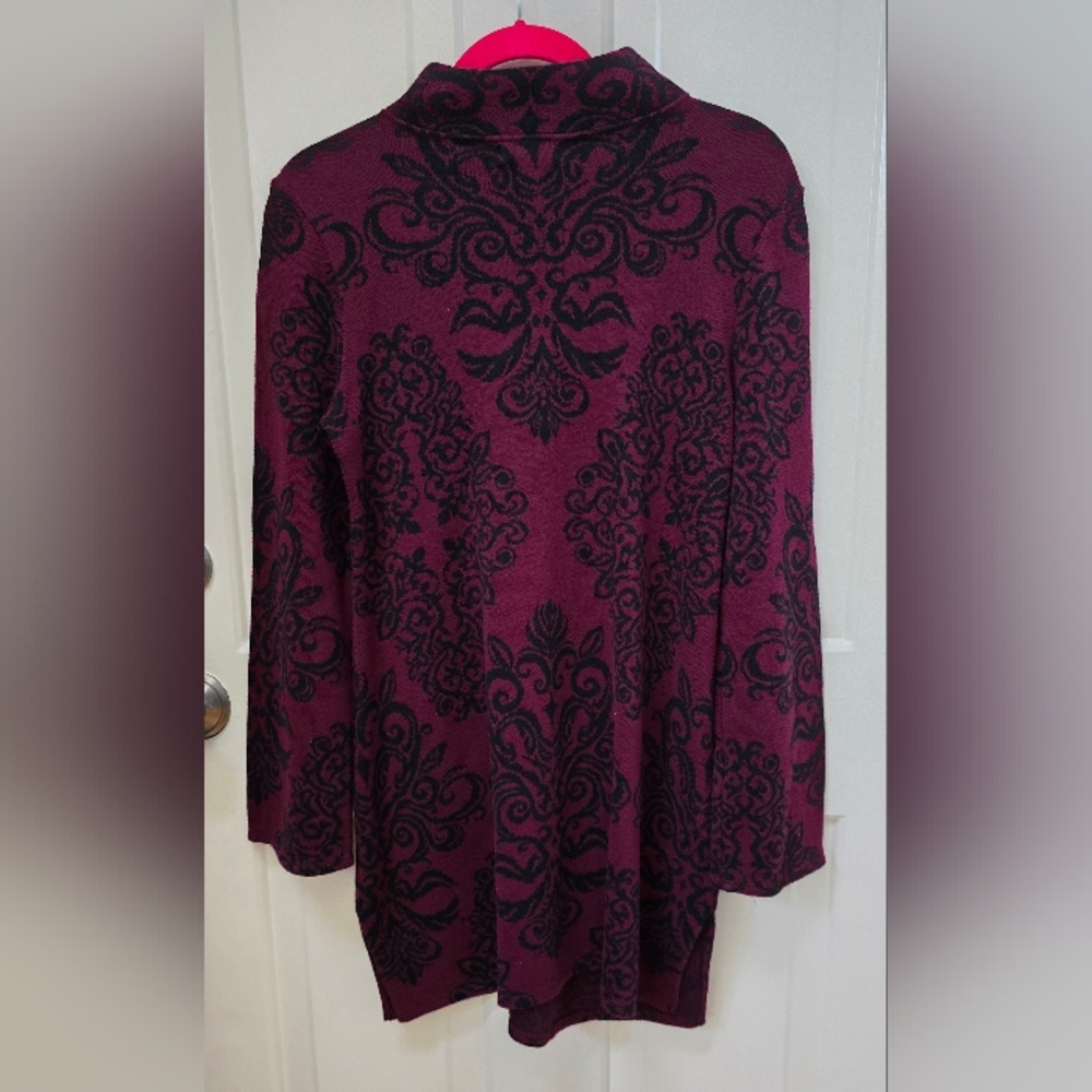 Style & Co Knit Floral Print Tunic sweater Mock Neck Flare Sleeves Burgundy S